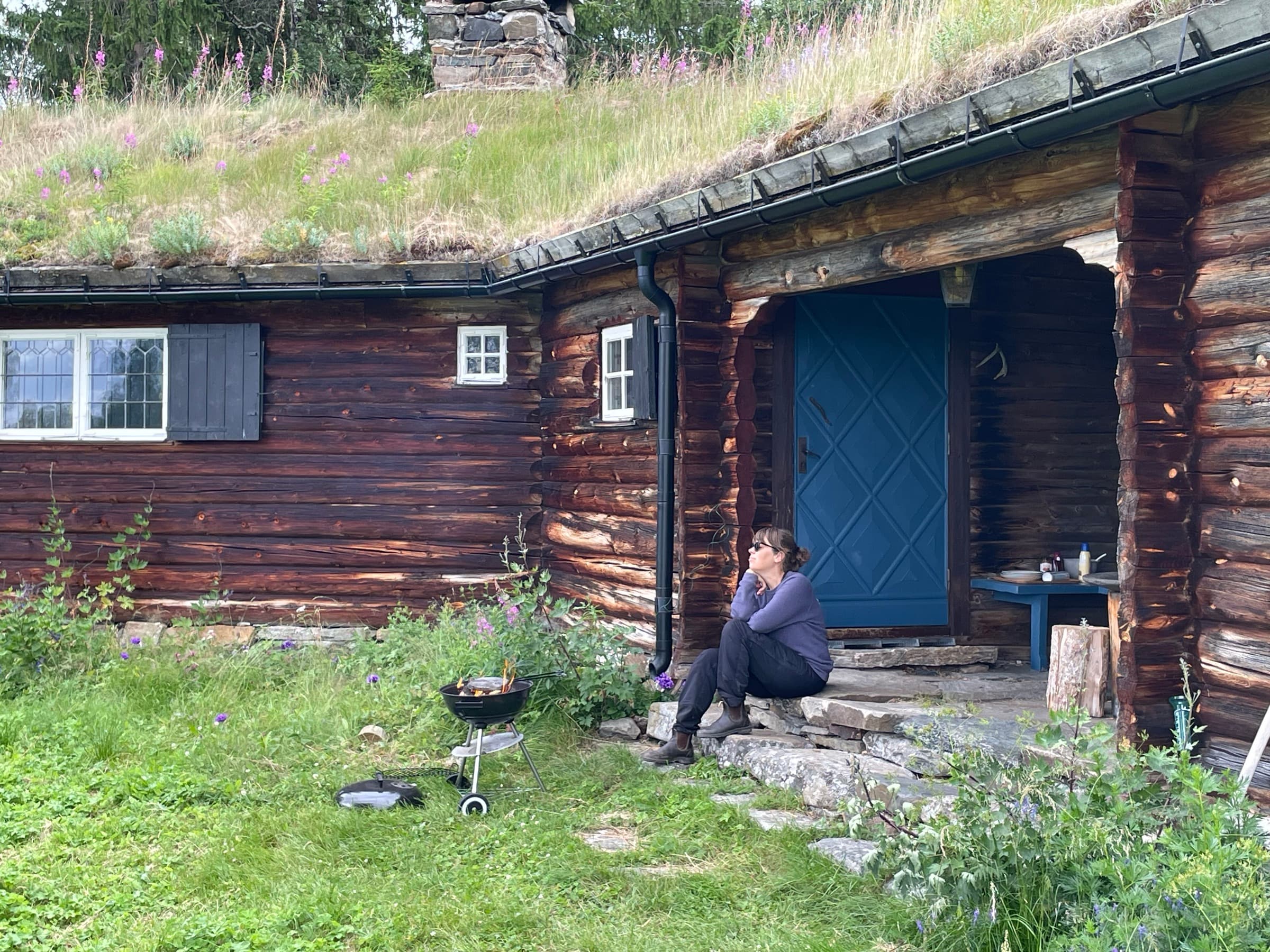 Stugan med torvtak och blå dörr