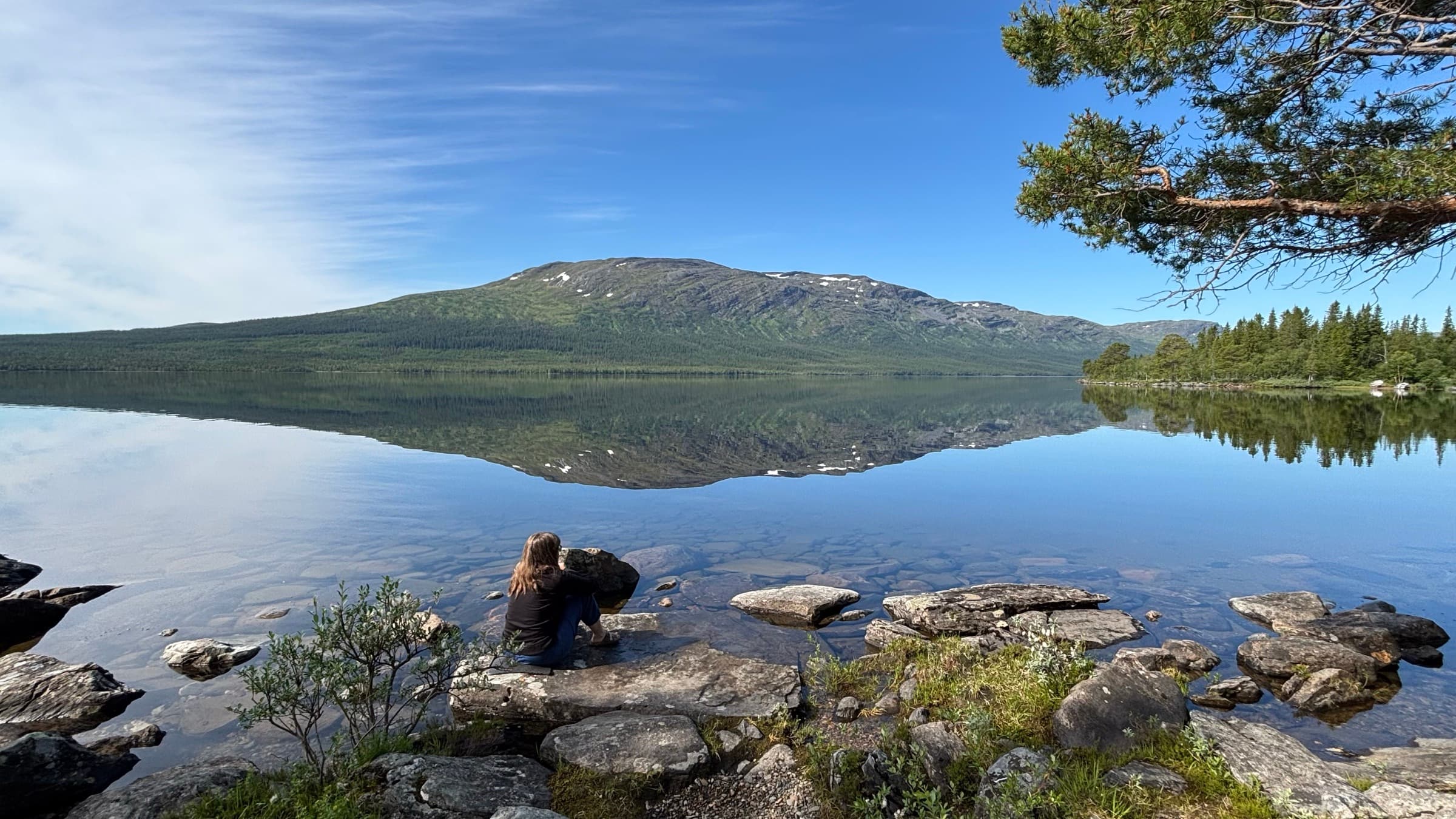 Vid strandkanten en klar sommarmorgon